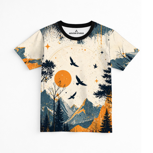 Sunset Peaks |Mountain & Birds Scenic printed Tee