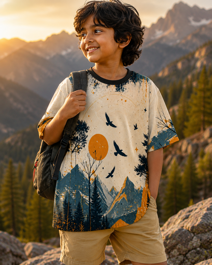 Sunset Peaks | Mountain & Birds Scenic printed Unisex T-shirt